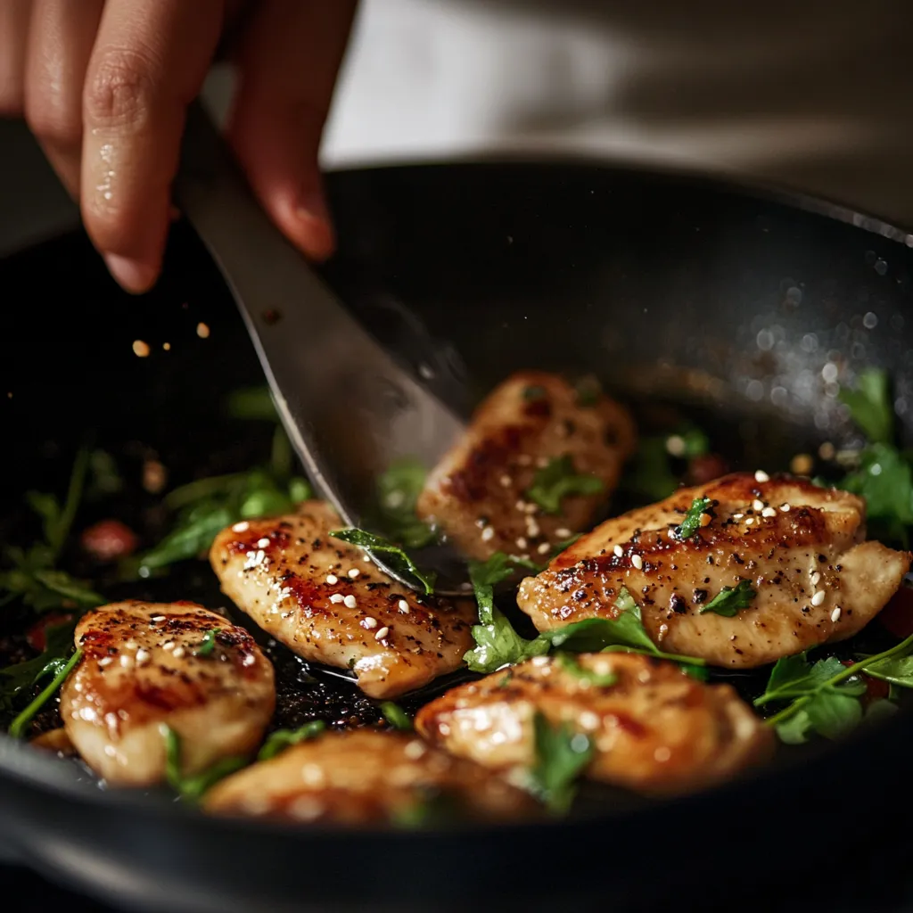 Chicken being seared in skillet for chipotle honey chicken