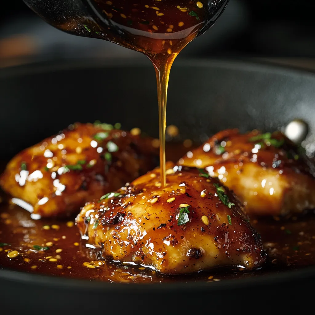 Pouring chipotle honey sauce onto chicken
