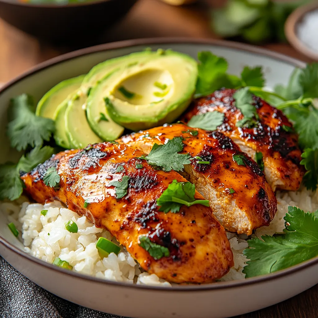 Plated chipotle honey chicken with rice and avocado