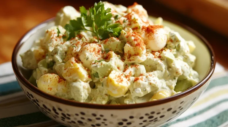 Creamy avocado egg salad in a rustic bowl with fresh herbs