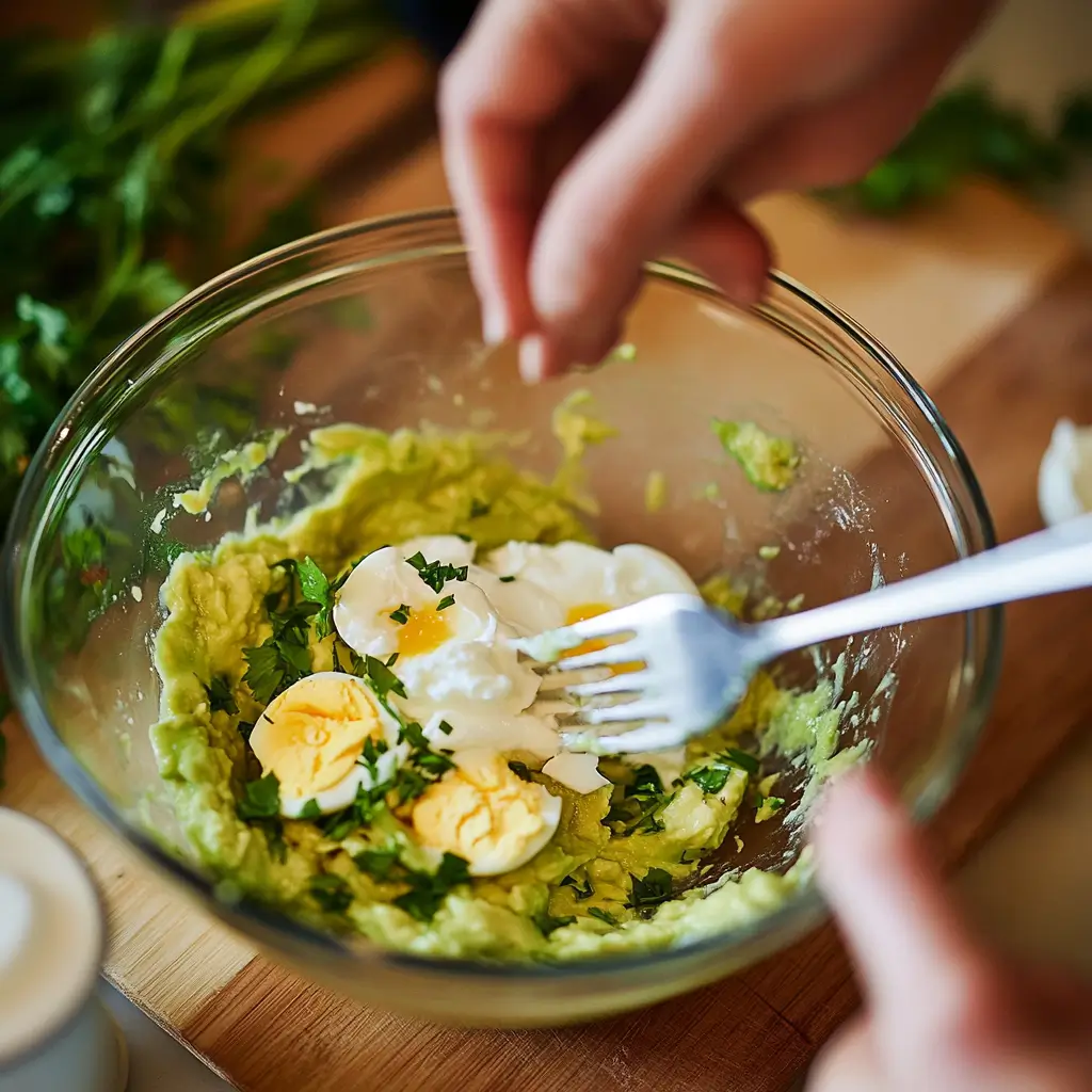 Mixing avocado and eggs in a bowl for avocado egg salad