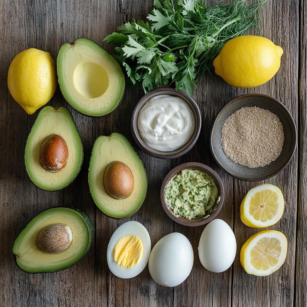 Ingredients for avocado egg salad laid out on a wooden table