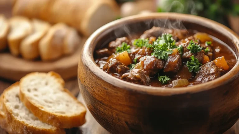 Steaming bowl of beef bourguignon with red wine and bread