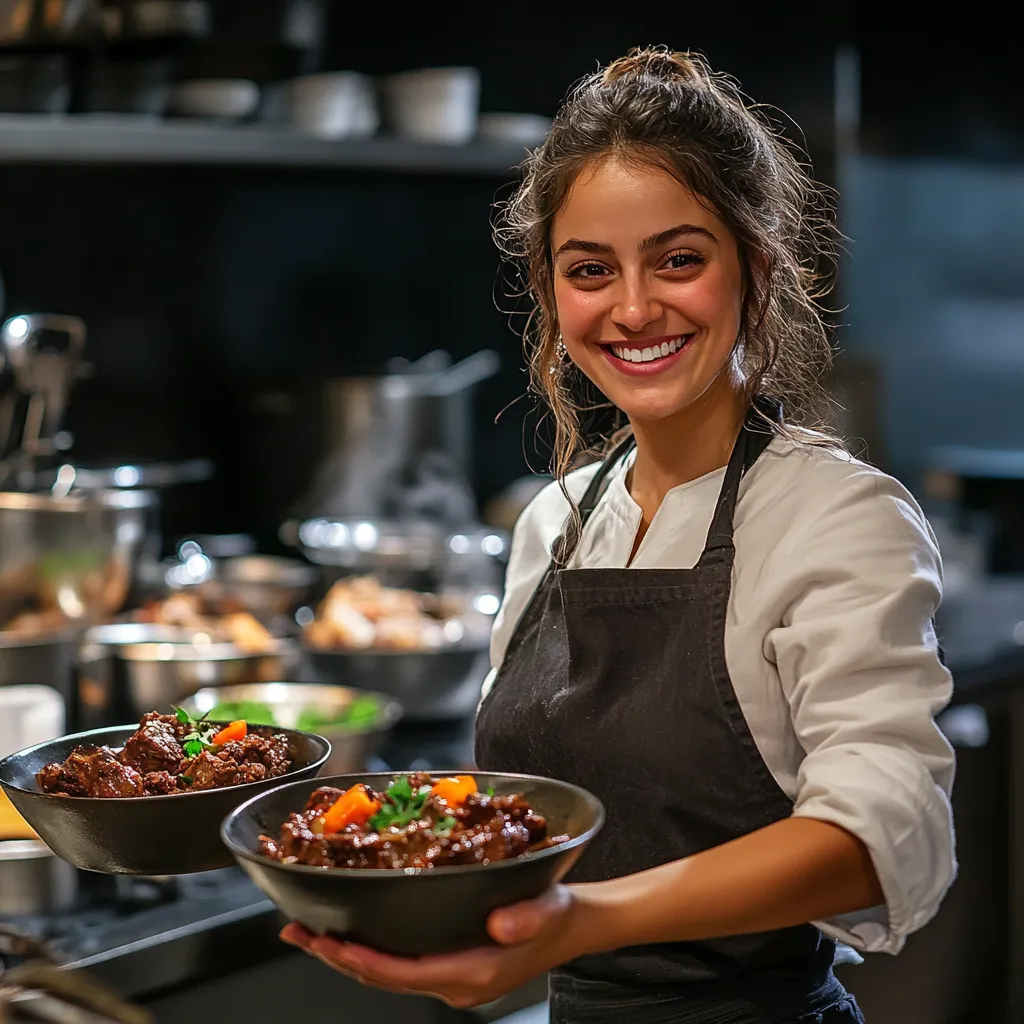 Home cook serving beef bourguignon