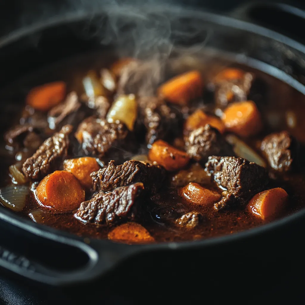 Beef bourguignon simmering in pot