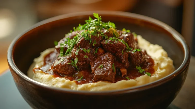 Halal Beef Bourguignon served with mashed potatoes