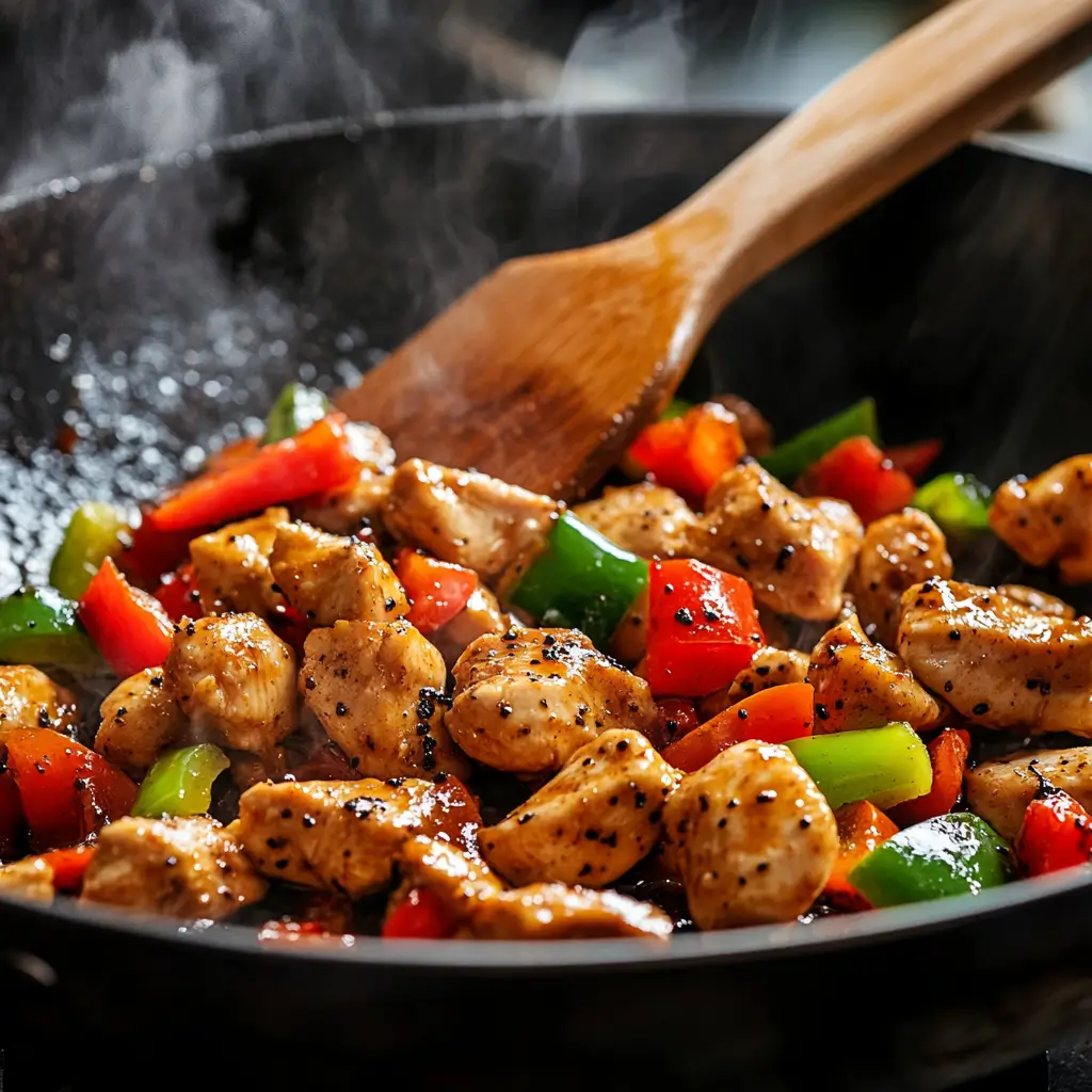 Black Pepper Chicken served with rice in a black ceramic bowl