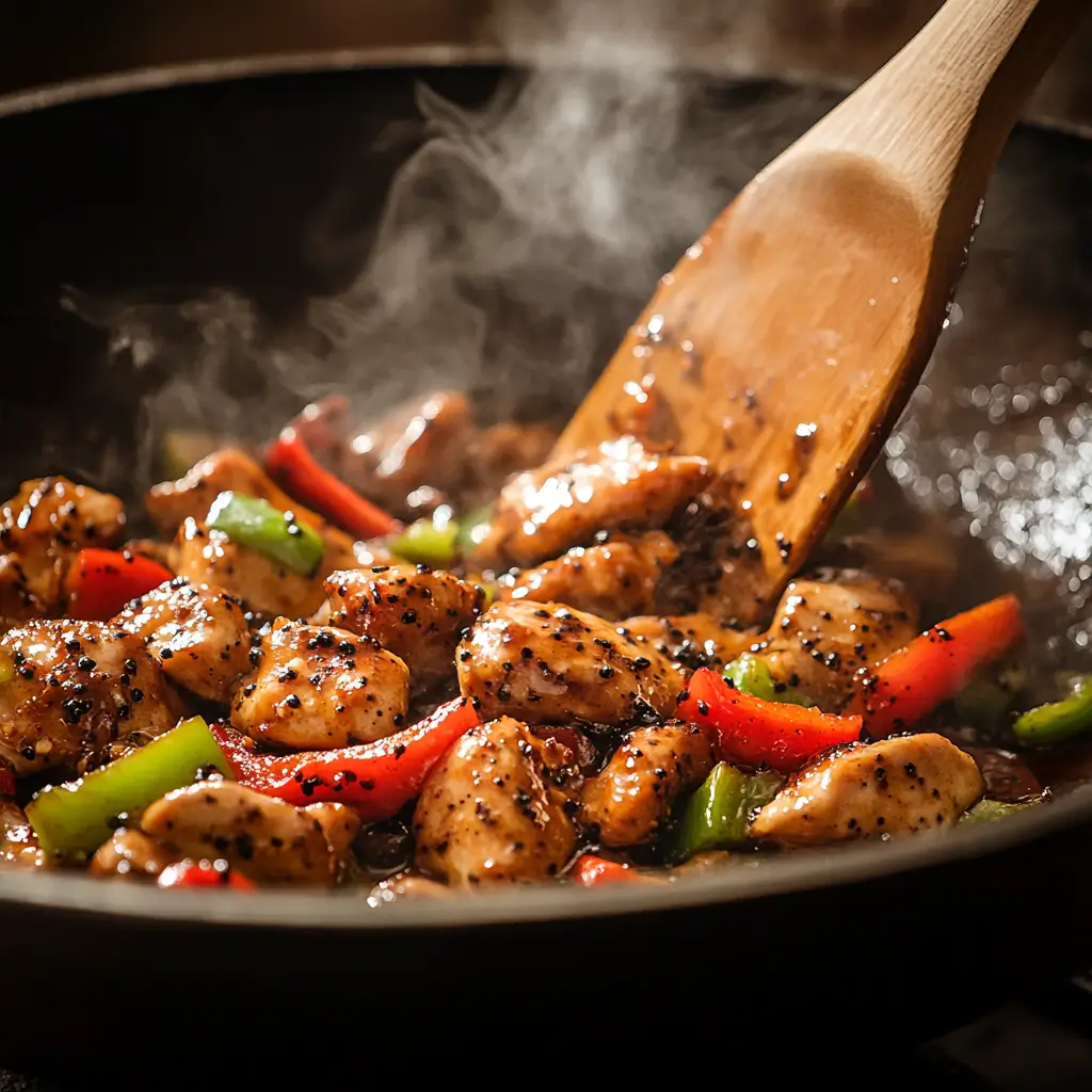 Black Pepper Chicken being stir-fried in a wok