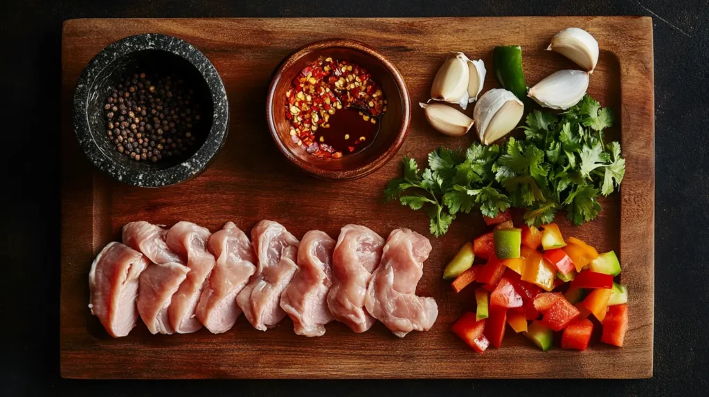 Ingredients for Black Pepper Chicken displayed on a wooden board
