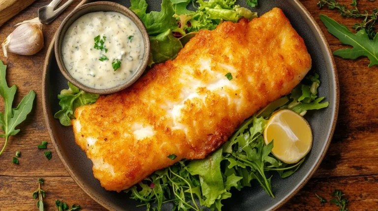 Crispy air fryer fish fillet with lemon garnish