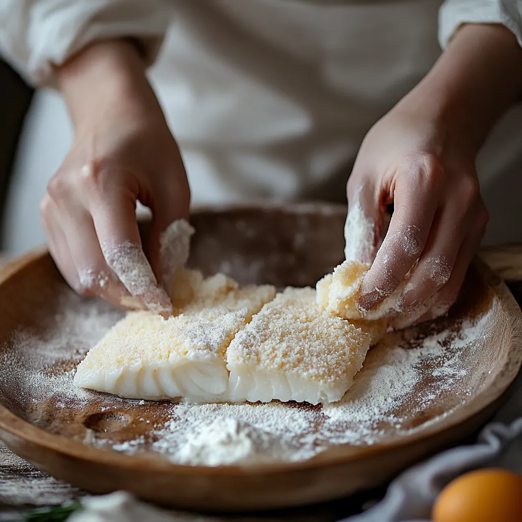 Fish fillet being breaded with panko and spices