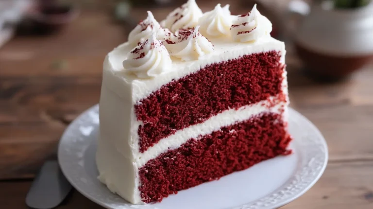 Red velvet cake batter being poured into cake pans
