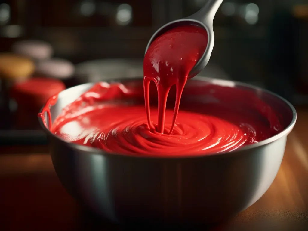 Red velvet cake batter being poured into cake pans