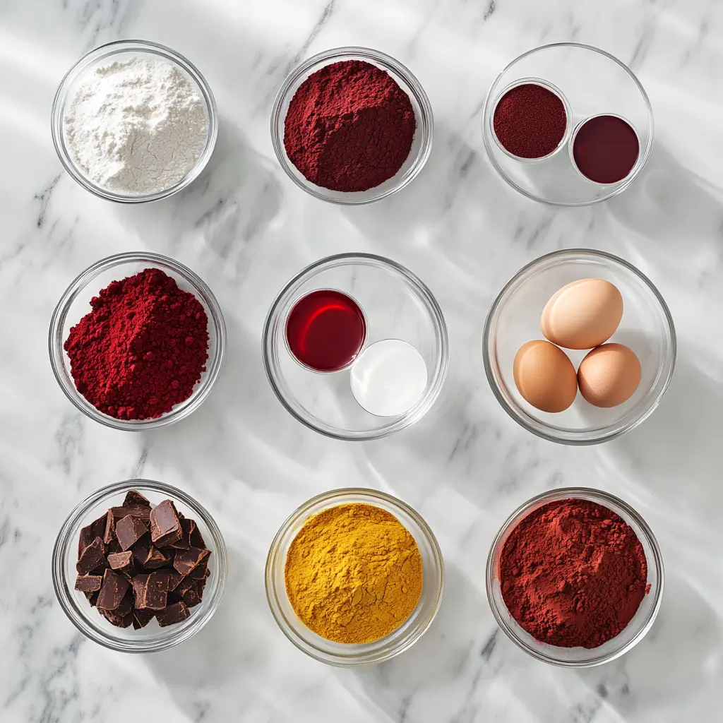 Red velvet cake ingredients arranged on marble countertop