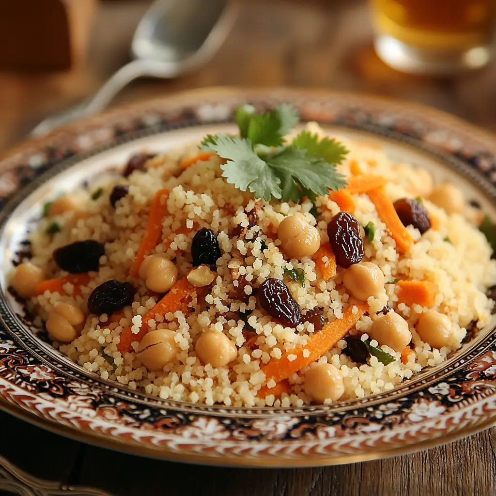 Plated Moroccan couscous with chickpeas, nuts, and herbs