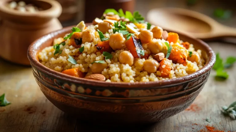 Fluffy Moroccan couscous with vegetables and herbs