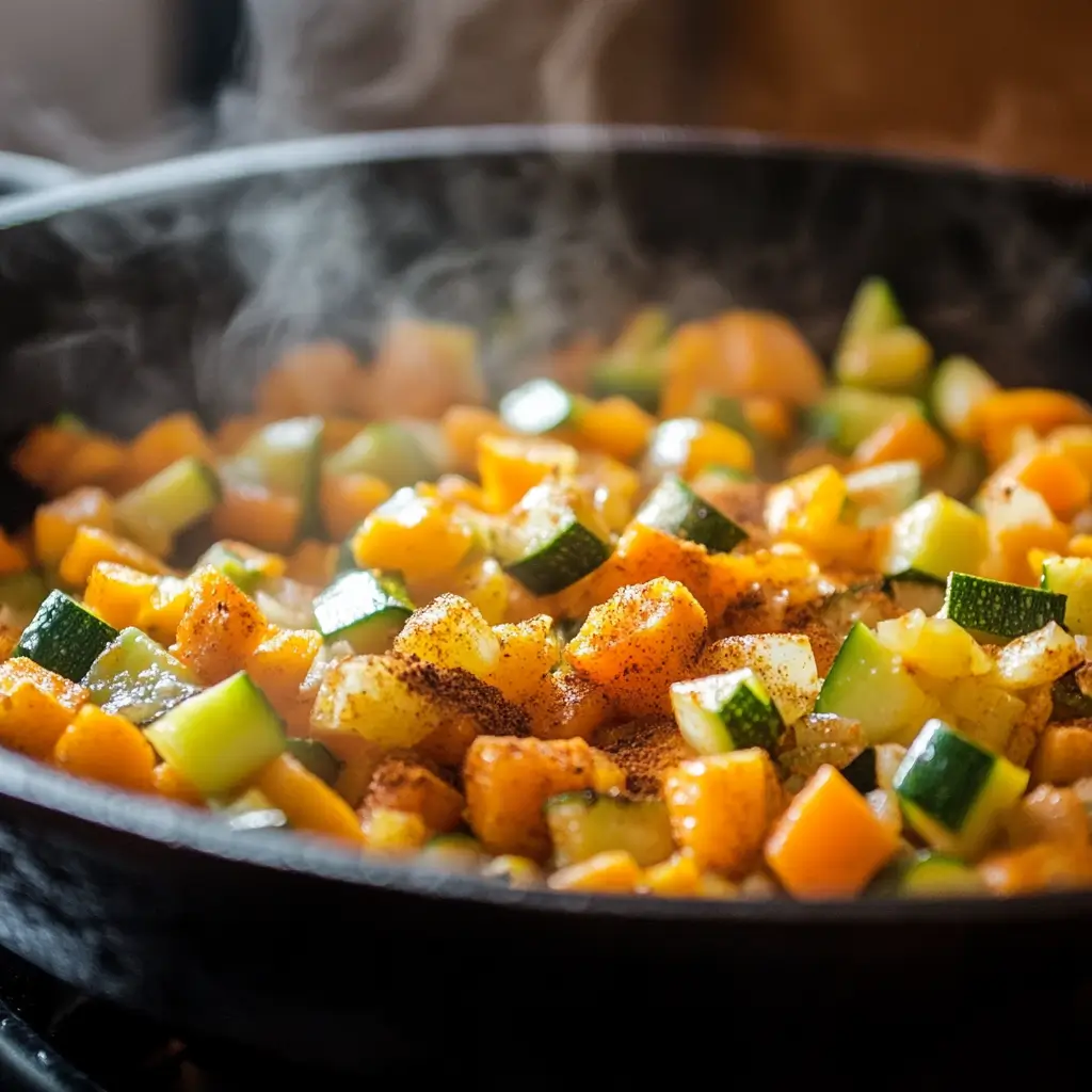 Sautéing onions, garlic, and vegetables with Moroccan spices
