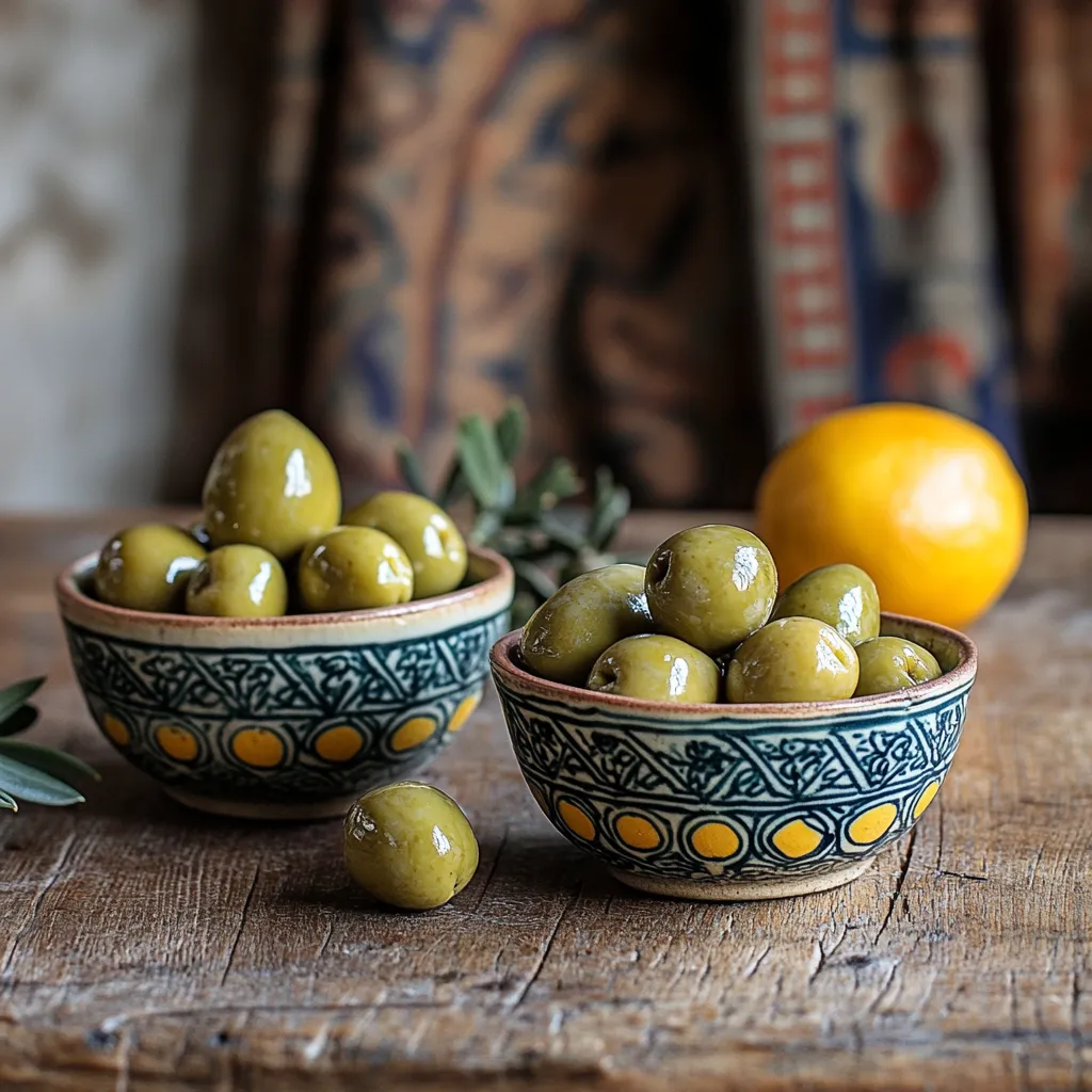 Bowls of preserved lemons and cracked green olives