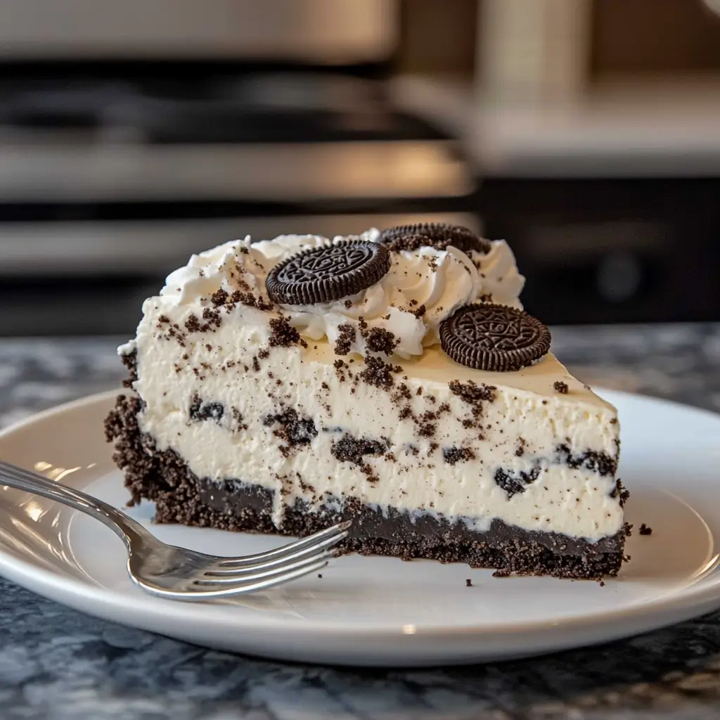 A slice of No-Bake Oreo Cheesecake on a plate with a fork.