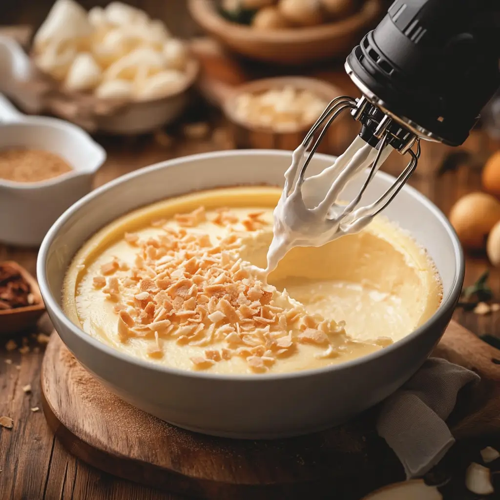 Creamy cheesecake filling being mixed with an electric mixer.