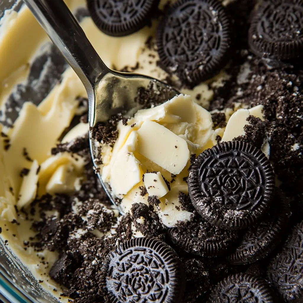 Crushed Oreo cookies mixed with melted butter for the cheesecake crust.