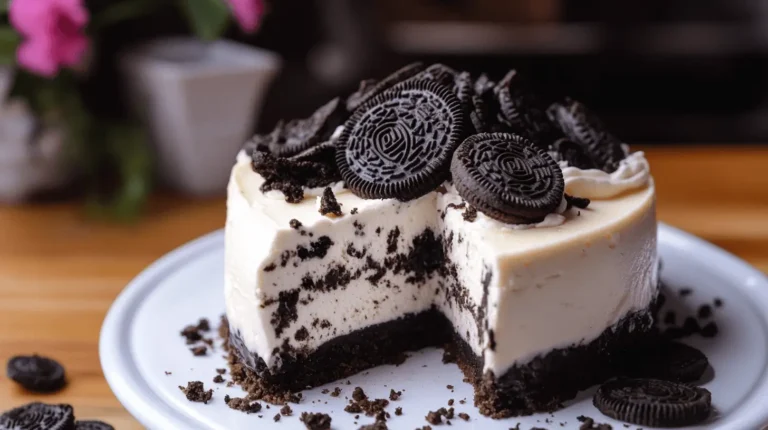 No-Bake Oreo Cheesecake with whipped cream and crushed Oreos.