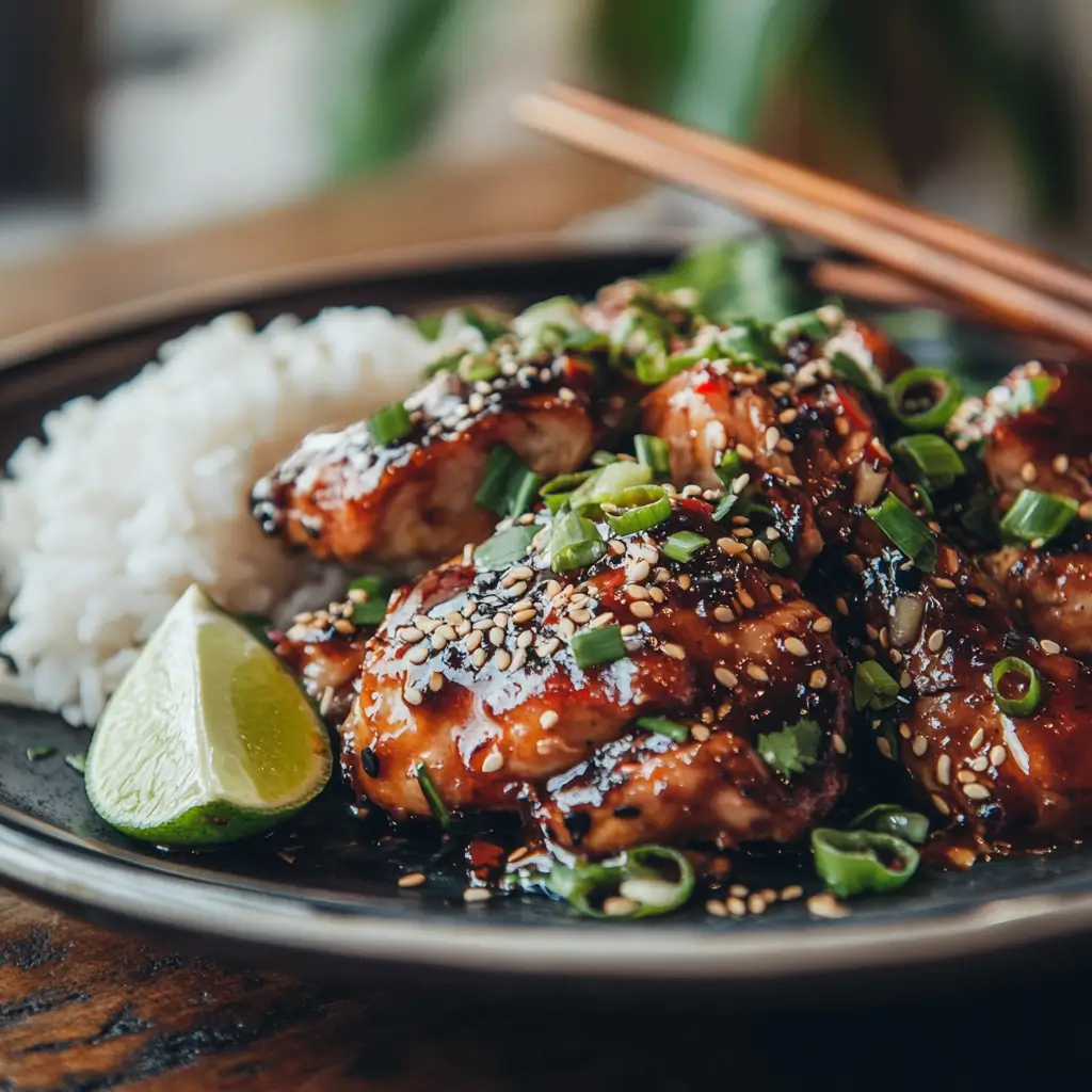 A plated Sweet and Spicy Chicken dish garnished with sesame seeds