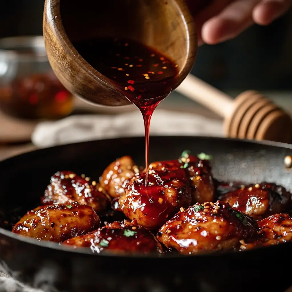 Sweet and spicy sauce being poured over cooked chicken