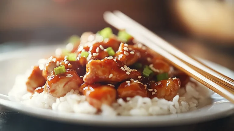 Sweet and Spicy Chicken served with rice and chopsticks