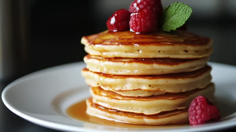 Stack of homemade tasty fluffy pancakes with maple syrup and fresh berries