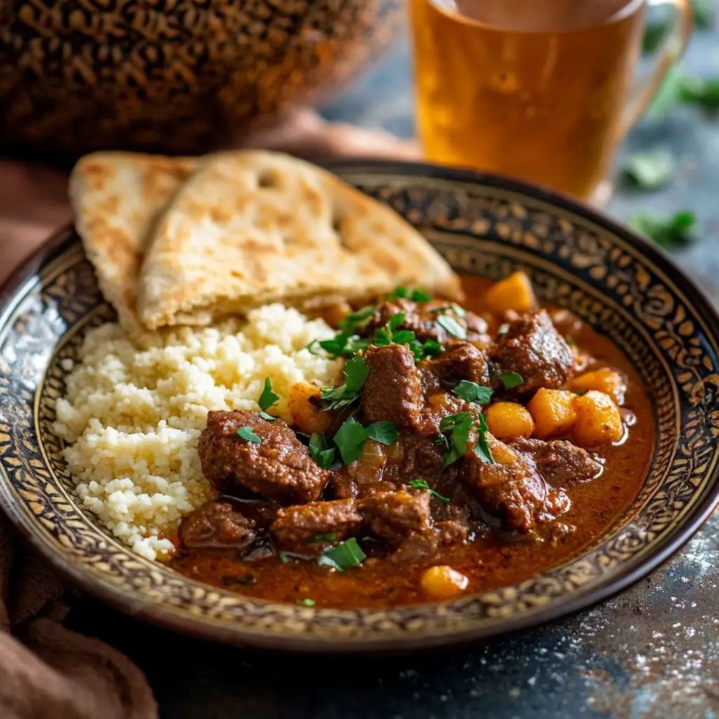 Plated Moroccan beef tagine with couscous and mint tea.