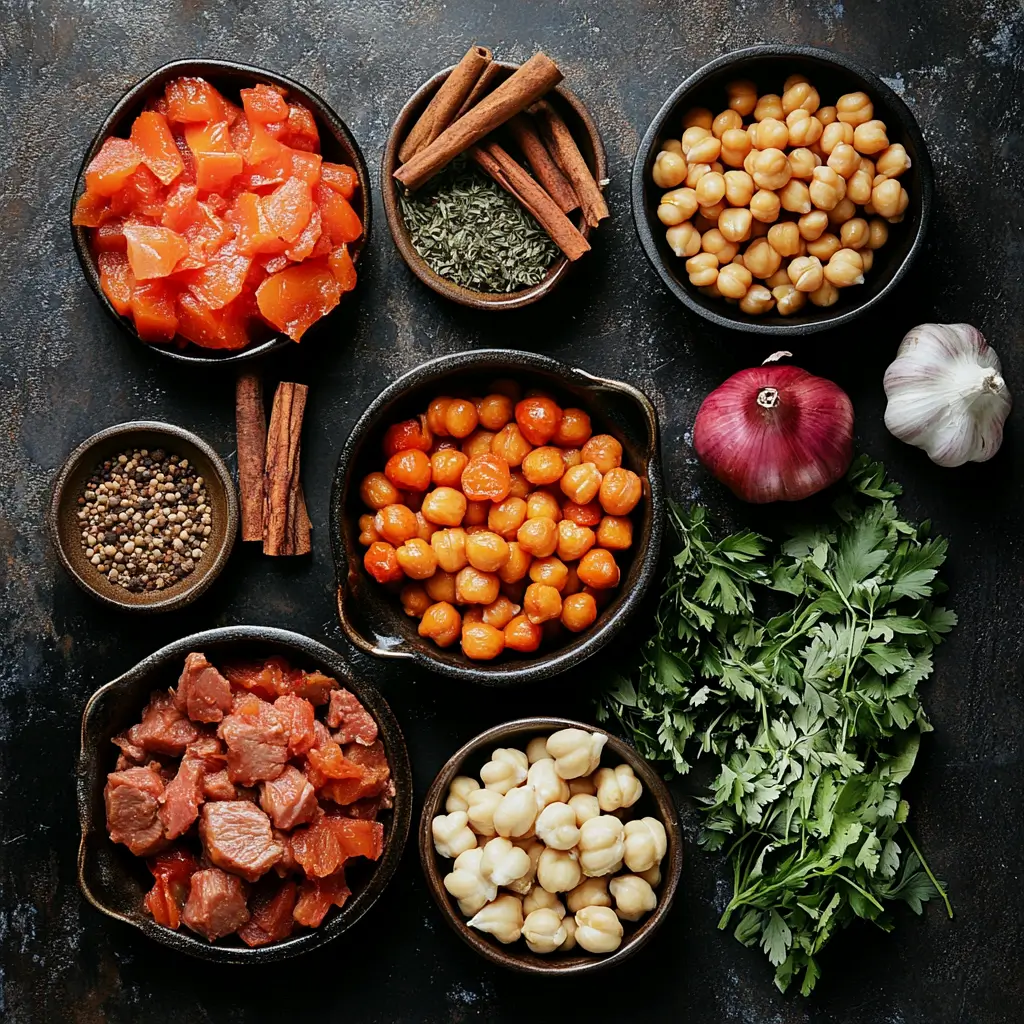 Ingredients for Moroccan Tagine laid out on a rustic countertop