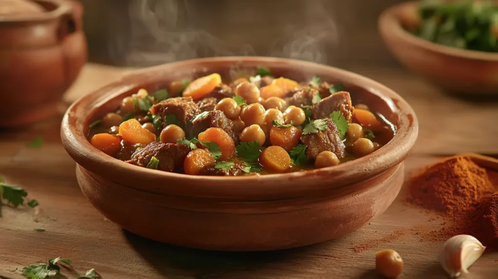 Moroccan Tagine served with couscous and garnished with almonds