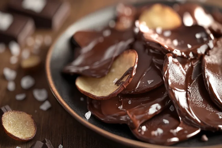 Chocolate covered potato chips on a plate with a glossy coating
