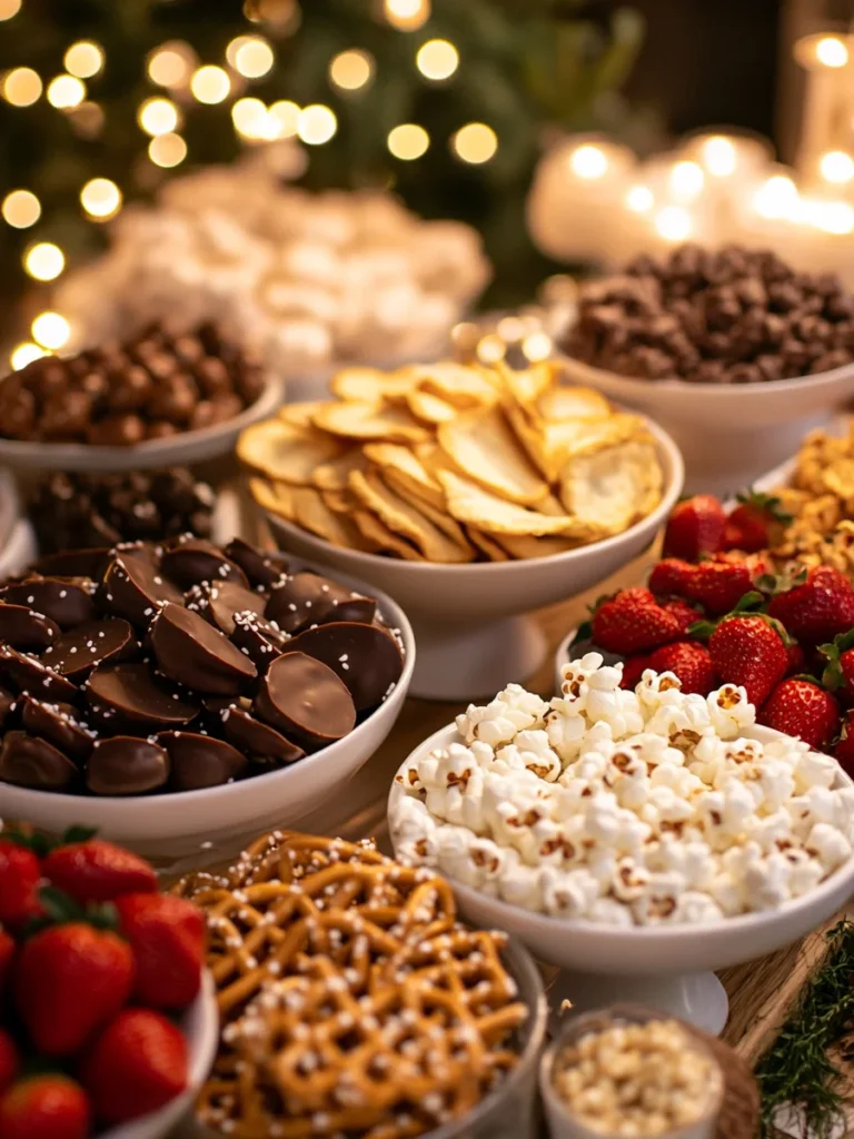 A dessert board featuring chocolate-covered potato chips and other treats