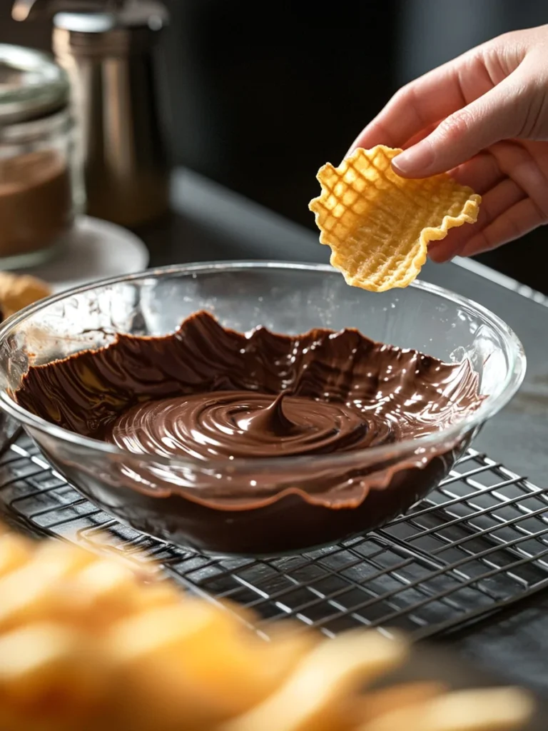 A person dipping potato chips into melted chocolate