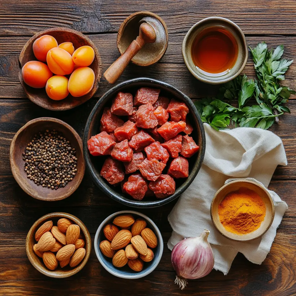 Ingredients for a Moroccan beef tagine, including beef, apricots, and spices.